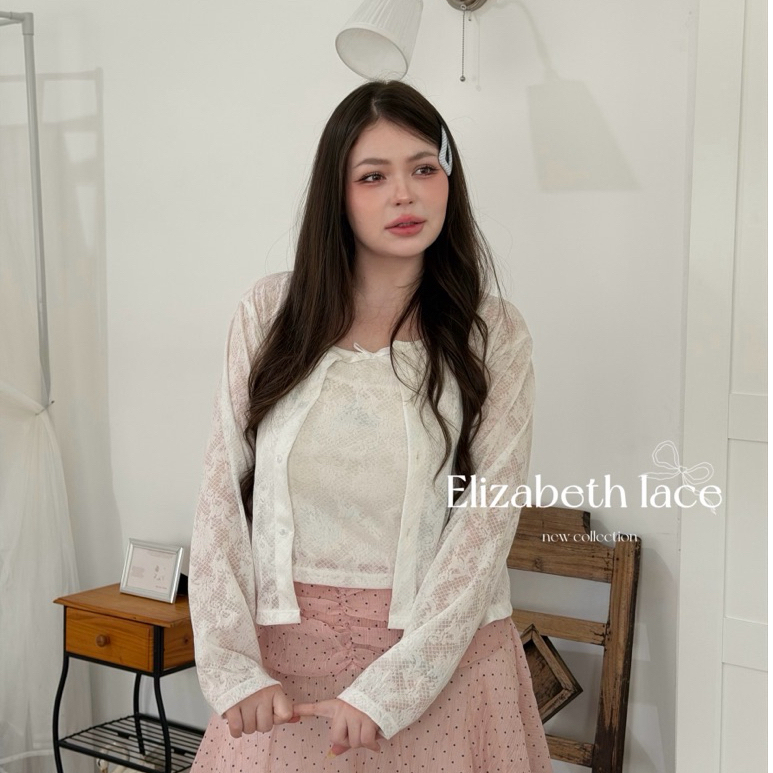 Elizabeth lace : เซ็ทเสื้อสายเดี่ยว+เสื้อคลุมแขนยาว ผ้าลูกไม้นิ่ม อกใหญ่สำหรับสาวอวบ