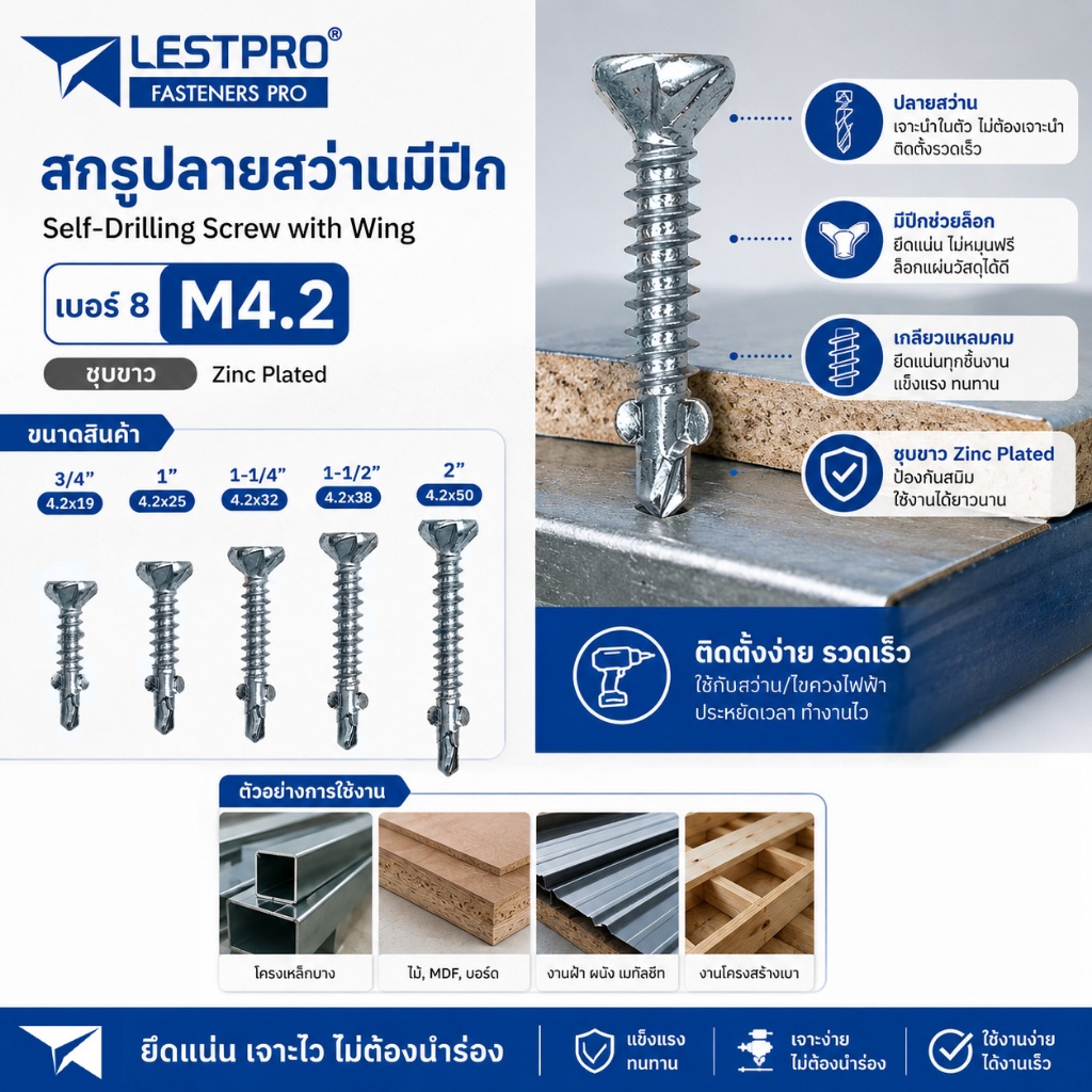 สกรูปลายสว่าน มีปีก หัวคว้าน เบอร์8 ความยาว 19/25/32/38/50mm DIN7504P