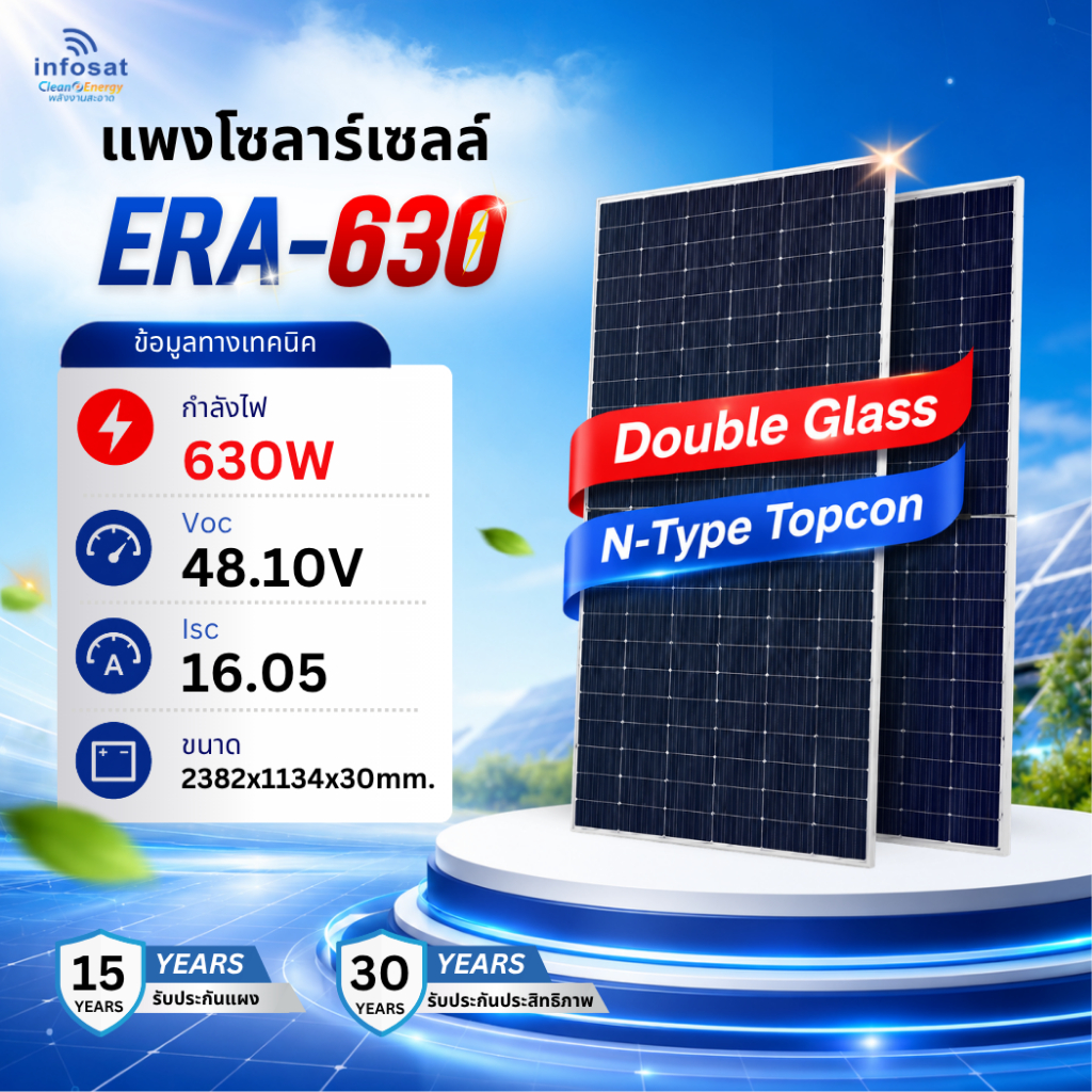 [ใช้โค๊ดลดเพิ่ม 600฿] INFOSAT แผงโซลาร์เซลล์ Mono 630W ขอบอลูมิเนียม ไฟแรง คุณภาพสูง กระจกรับแสง 2 ด้าน