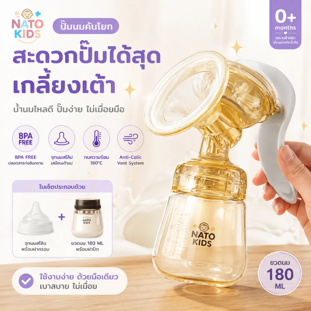ที่ปั๊มนมNato kids ที่ปั๊มนมพกพาง่าย ที่ปั๊มนมไร้สาย ปั๊มนมแบบคันโยก วัสดุ PPSU ปลอดภัย