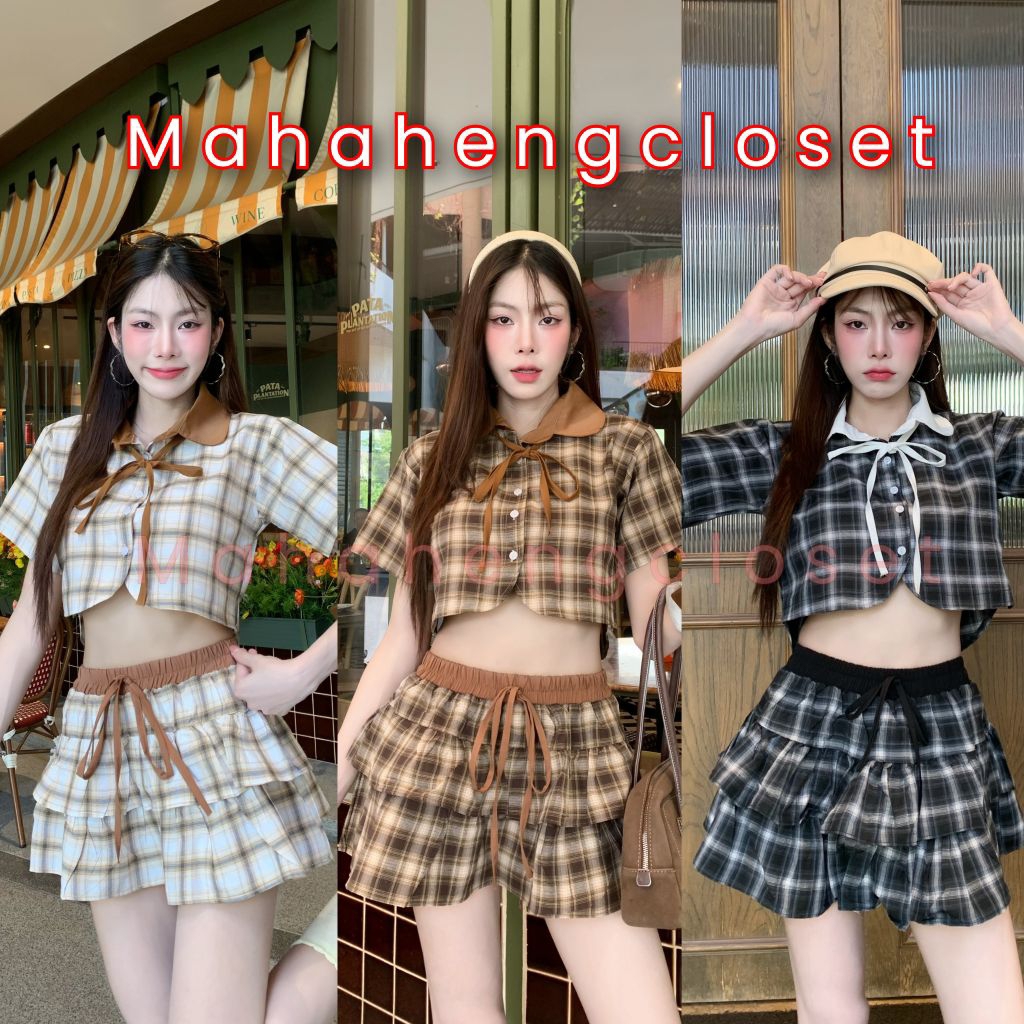 Mahahengcloset เสื้อเชิ้ตลายสก็อต ปกสลับสี ชายโค้งผูกเชือก สไตล์เกาหลี