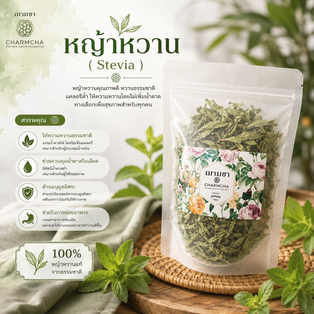 หญ้าหวาน (Stevia) ให้ความหวานแทนน้ำตาล บำรุงตับ ลดระดับน้ำตาลในเส้นเลือด ชาดอกไม้ Charmcha ฌามชา