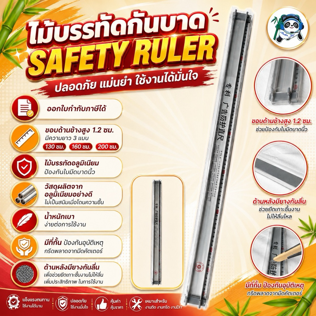 ไม้บรรทัดกันบาด Safety Ruler  ไม้บรรทัดอลูมิเนียม ป้องกันใบมีดบาดนิ้ว