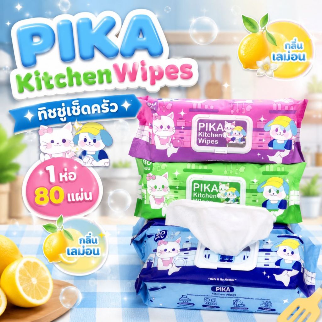ทิชชู่ PIKA รุ่นทำความสะอาดห้องครัว กลิ่นเลม่อน (1ห่อ มี 80 แผ่น) ผ้าเช็ดทำความสะอาดครัว