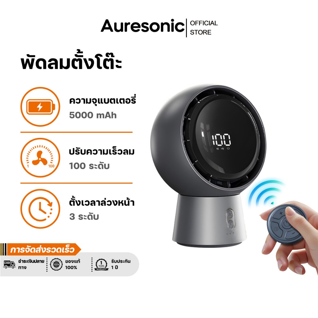 Auresonic พัดลมหมุนเวียนอากาศ ทำงานเงียบ สั่นซ้ายขวา-บนล่าง พัดกว้างขวาง ปรับแรงลม 100 ระดับ หน้าจอแสดงผล LED