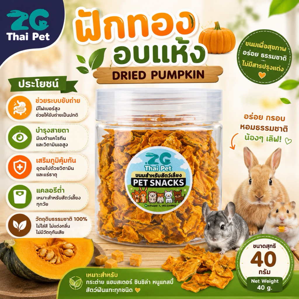 [ZC] ฟักทองอบแห้ง Dried Pumpkin ผักผลไม้ทานเล่นสำหรับสัตว์เลี้ยงทุกชนิด กระปุก 40 g.