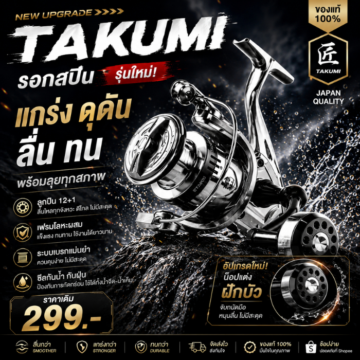 รอกสปินนิ่ง TAKUMI กำลังเบรค10 กิโลกรัม รุ่นใหม่ ทนทาน ใช้งานง่าย
