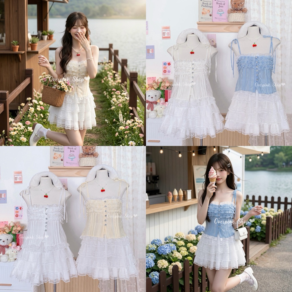 🌸OVP🌸 เสื้อสายเดี่ยว ผ้าโรซี่เนื้อบาง สายผูกโบว์ไหล่แต่งลูกไม้ เสื้อลายดอกไม้