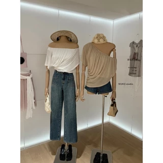 (พร้อมส่ง ดำ น้ำตาล) Mira Drape เสื้อคอกว้างใส่เปิดไหล่ได้ - 10076 TAG WG.WE 🇰🇷