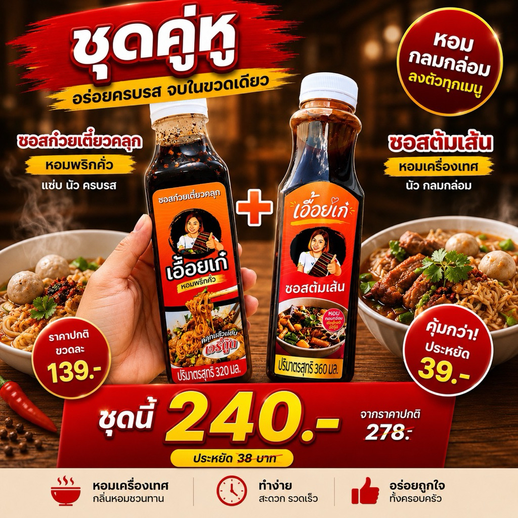 ชุดคู่หู ซอสก๋วยเตี๋ยวคลุก 1 ขวด +ซอสต้มเส้น 1 ขวด