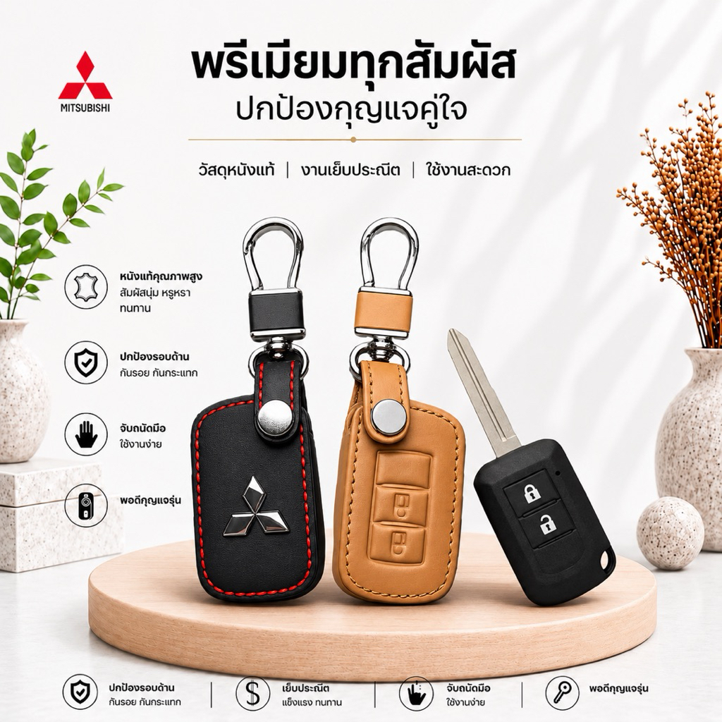ซองหนังแท้ ใส่กุญแจรีโมทรถยนต์ รุ่นดอกกุญแจ โลโก้เหล็ก Mitsubishi Attrage,Triton,Mirage