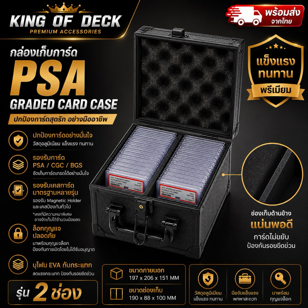 King of Deck กล่องเก็บการ์ด PSA Graded Card Case กล่องอลูมิเนียมใส่การ์ดเกรด พร้อมกุญแจล็อก รองรับ P
