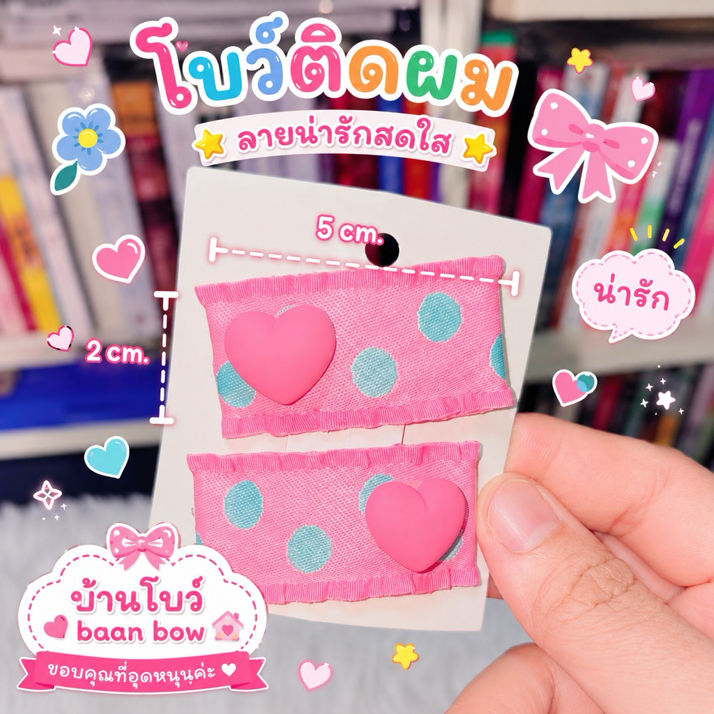 โบว์ติดผมลายจุด หัวใจสีชมพู