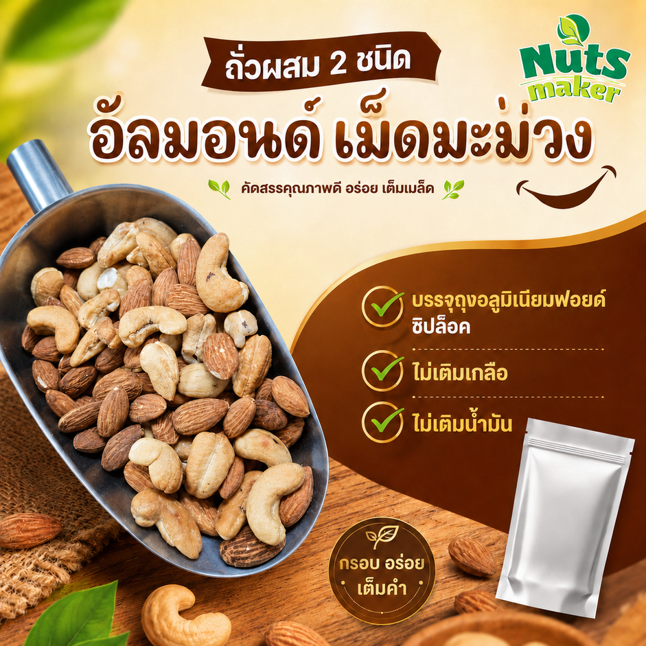 ถั่วผสม ถั่วอบผสม พร้อมรับประทาน Ready to eat mixed nuts ไม่เติมเกลือ ไม่เติมน้ำมัน
