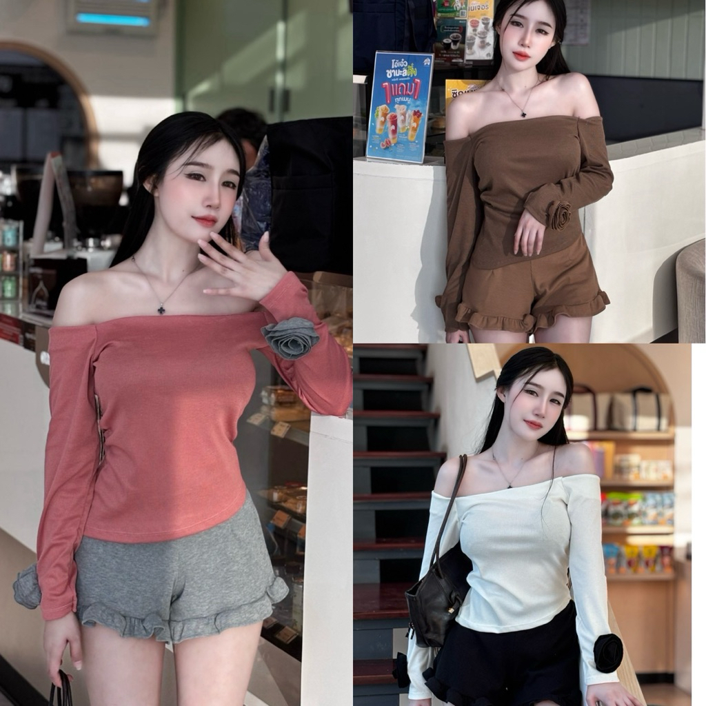 เซ็ทกุหลาบ เสื้อปาดไหล่ปลายแขนแต่งดอกกุหลาบคู่กางเกงขาระบาย