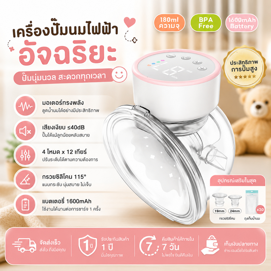 ไม่เจ็บ เครื่องปั๊มนมไฟฟ้าแบบสวมใส่ ไม่ต้องใช้มือจับ อัตโนมัติ มีระบบนวด ปรับความถี่ได้ ใช้งานง่าย พกพาสะดวก