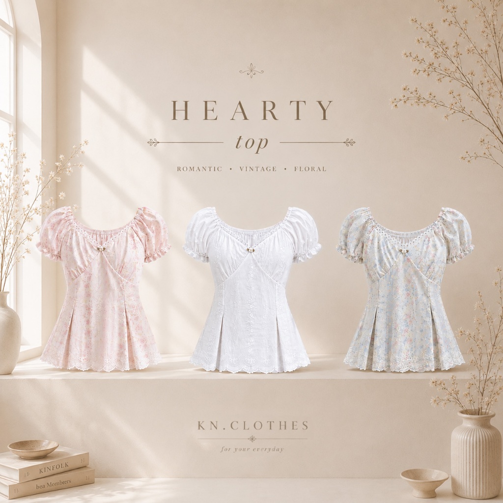 Hearty top : เสื้อแขนตุ๊กตา คอหัวใจแต่งลูกไม้ ติดกุหลาบจิ๋ว เย็บจีบช่วงตัว เนื้อผ้ามีเทคเจอร์ KN.Clothes