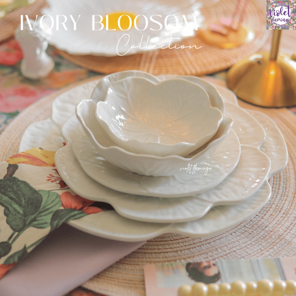 Violet Flamingo จานเซรามิคทรงดอกไม้สีขาวนวล รุ่น Ivory Blossom จานสีขาวลายกลีบดอกไม้ เข้าไมโครเวฟได้