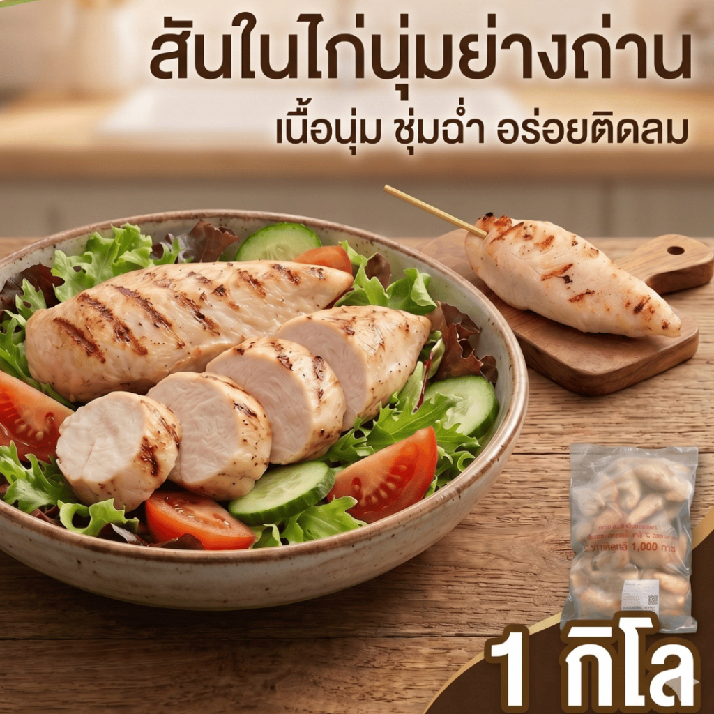สันในไก่นุ่มย่างถ่าน 1 กิโลกรัม สันในไก่คลีน ไก่ย่างนุ่ม ชุ่มฉ่ำ โปรตีนสูง ไขมันต่ำ อาหารคลีน คีโต
