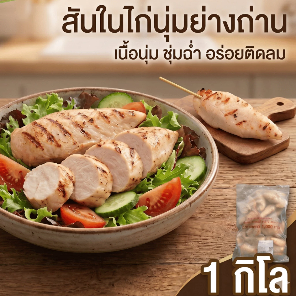 สันในไก่นุ่มย่างถ่าน 1 กิโลกรัม สันในไก่คลีน ไก่ย่างนุ่ม ชุ่มฉ่ำ โปรตีนสูง ไขมันต่ำ อาหารคลีน คีโต