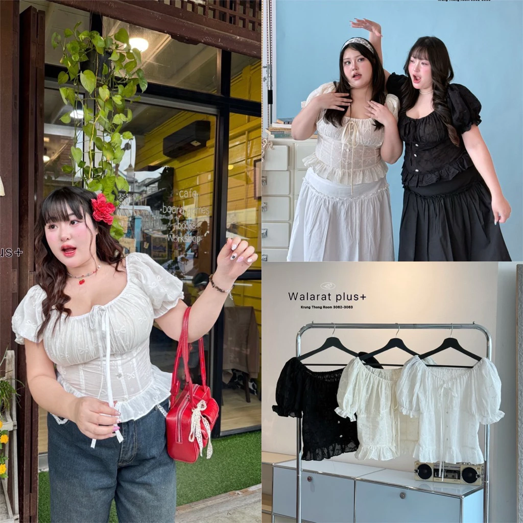 ✅เข้าเพิ่ม(WR) เสื้อแขนตุ๊กตา ใส่ได้2แบบ จะเปิดไหล่หรือปิดไหล่ก็น่ารัก ผ้าฉลุลายโบว์ เสื้อผ้าสาวอวบอ้วนไซส์ใหญ่