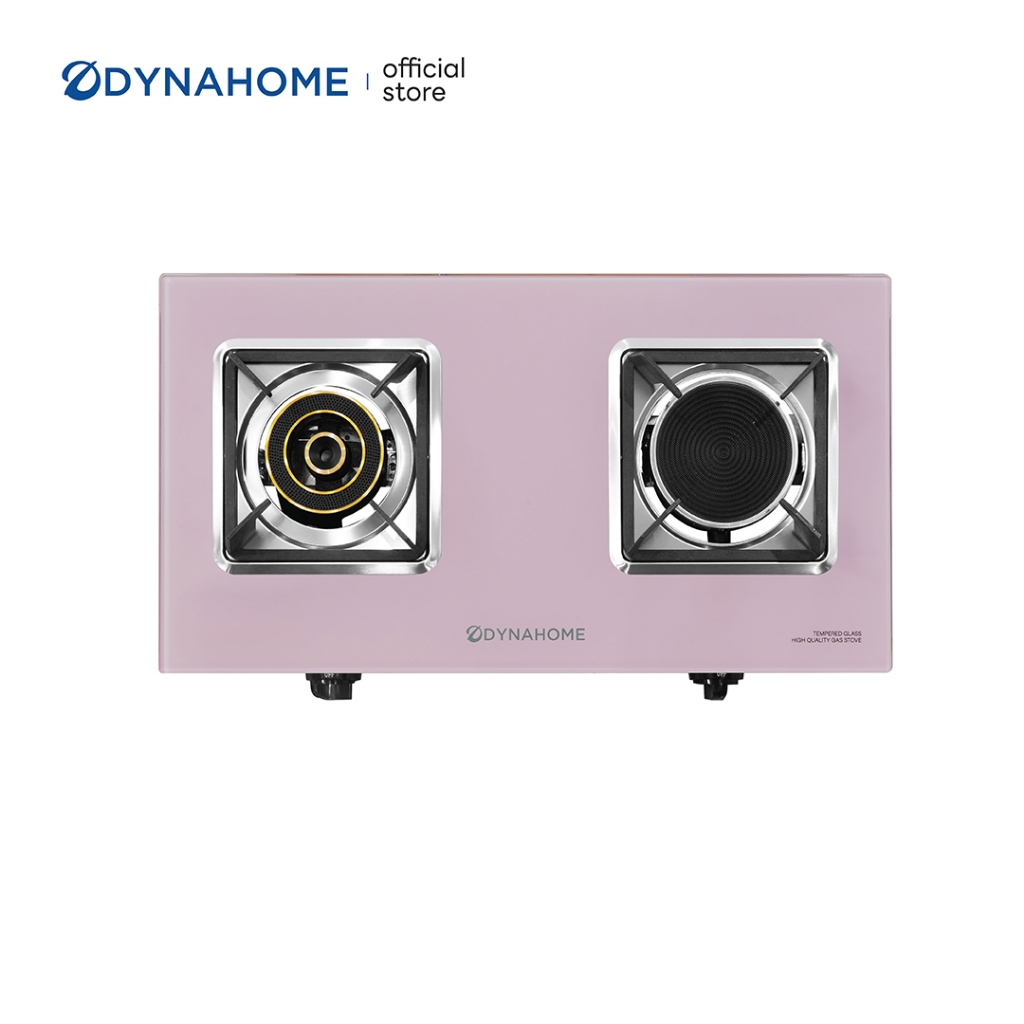 DYNAHOME เตาแก๊สหน้ากระจกสีชมพูพาสเทล รับประกันวาล์วเปิดปิดแก๊ส 5 ปี