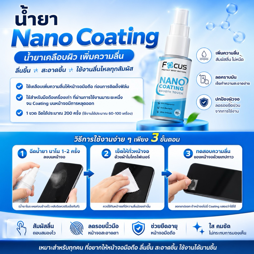 Focus น้ำยา Nano Coating 30ml. น้ำยาเคลือบผิว เพิ่มความลื่นให้หน้าจอ