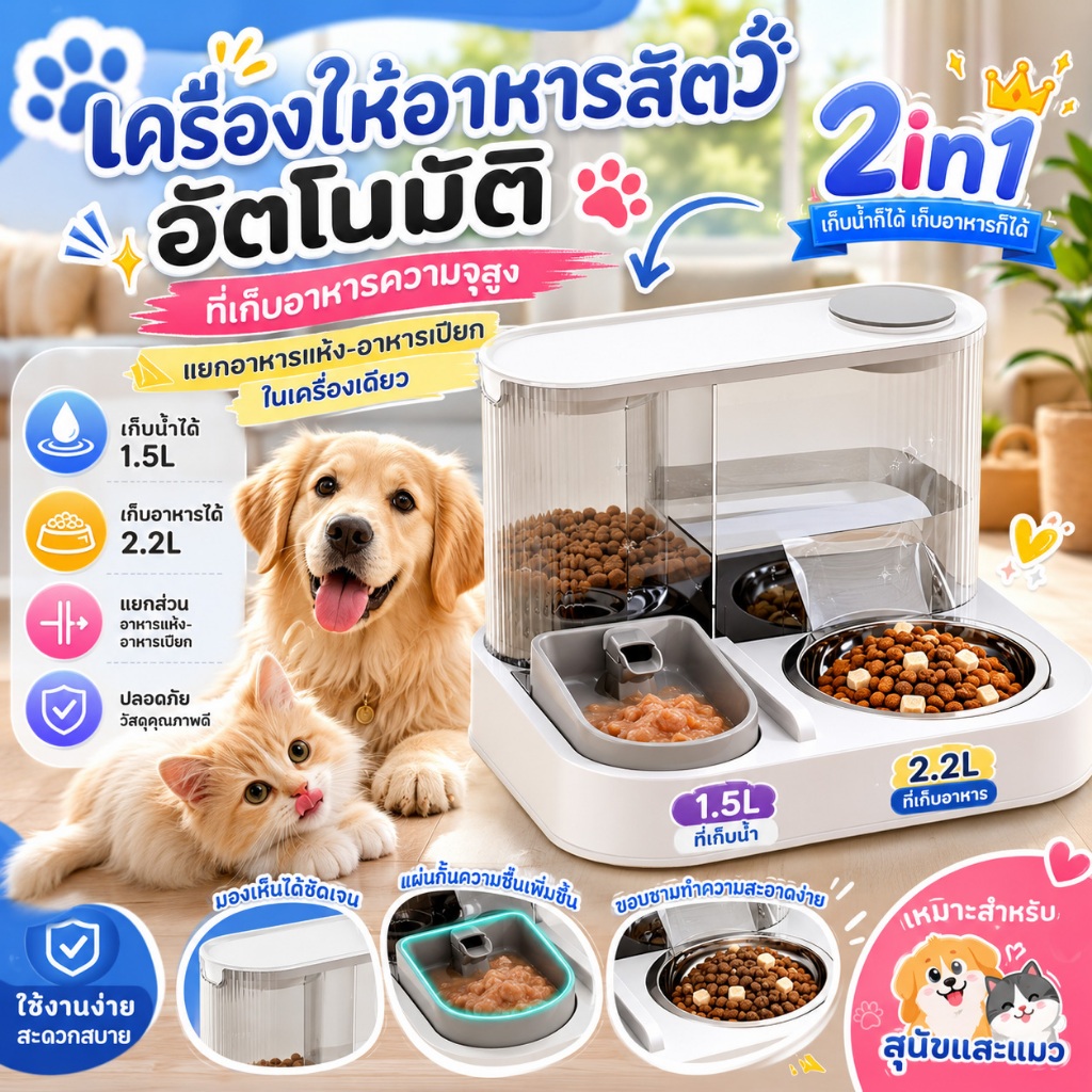 ตู้ให้อาหารอัตโนมัติ แยกของแห้ง-ของเหลว ระบบน้ำวน สะดวก สุขภาพน้องหมาน้องแมว
