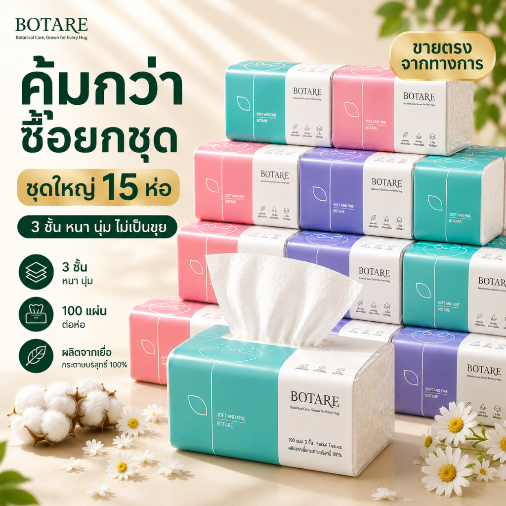 【15 แพ็ค】【Botare】 ทชชุ่ นุ่มละมุน ไม่หลุดขุย สำหรับใช้บ้าน 3 ชั้น 100 แผ่น (ขนาด 190 x 175 มม.)