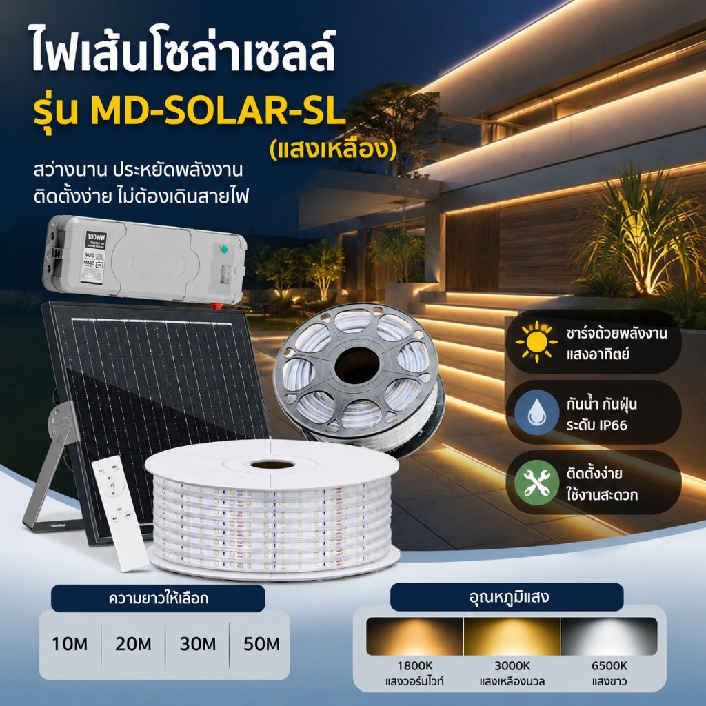 ไฟเส้น LED ไฟริบบิ้นโซล่าเซลล์ NEW10M20M30M50M ระบบสว่างค้าง กันน้ำIP65 ตกแต่งต้นไม้และสวน บันได รั้วบ้าน แถมรีโมท