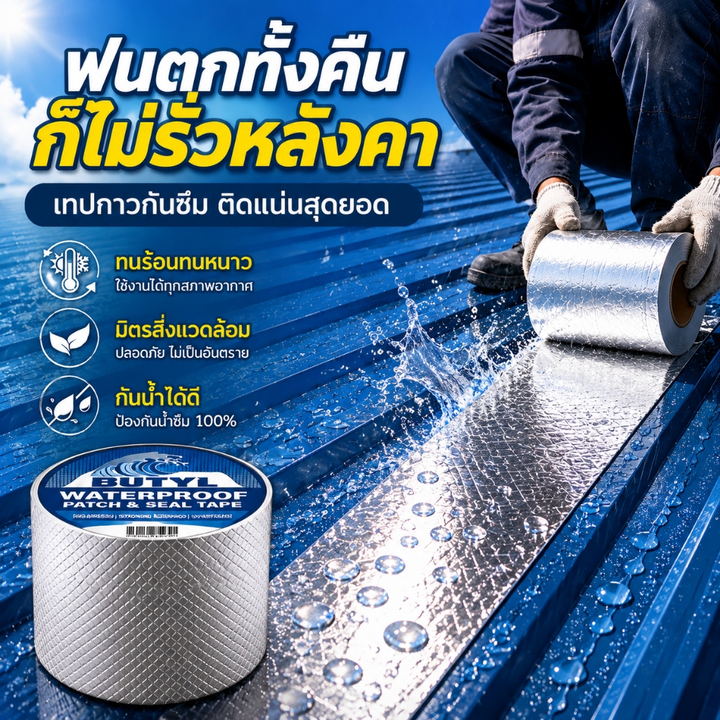 เทปกาวบิวทิล เทปกาวกันน้ำรั่วซึม เทปพันสายไฟ แผ่นแปะหลังคา แถบปิดร่องประตู กันแอร์ กันเสียง ทนทาน ติดตั้งง่าย