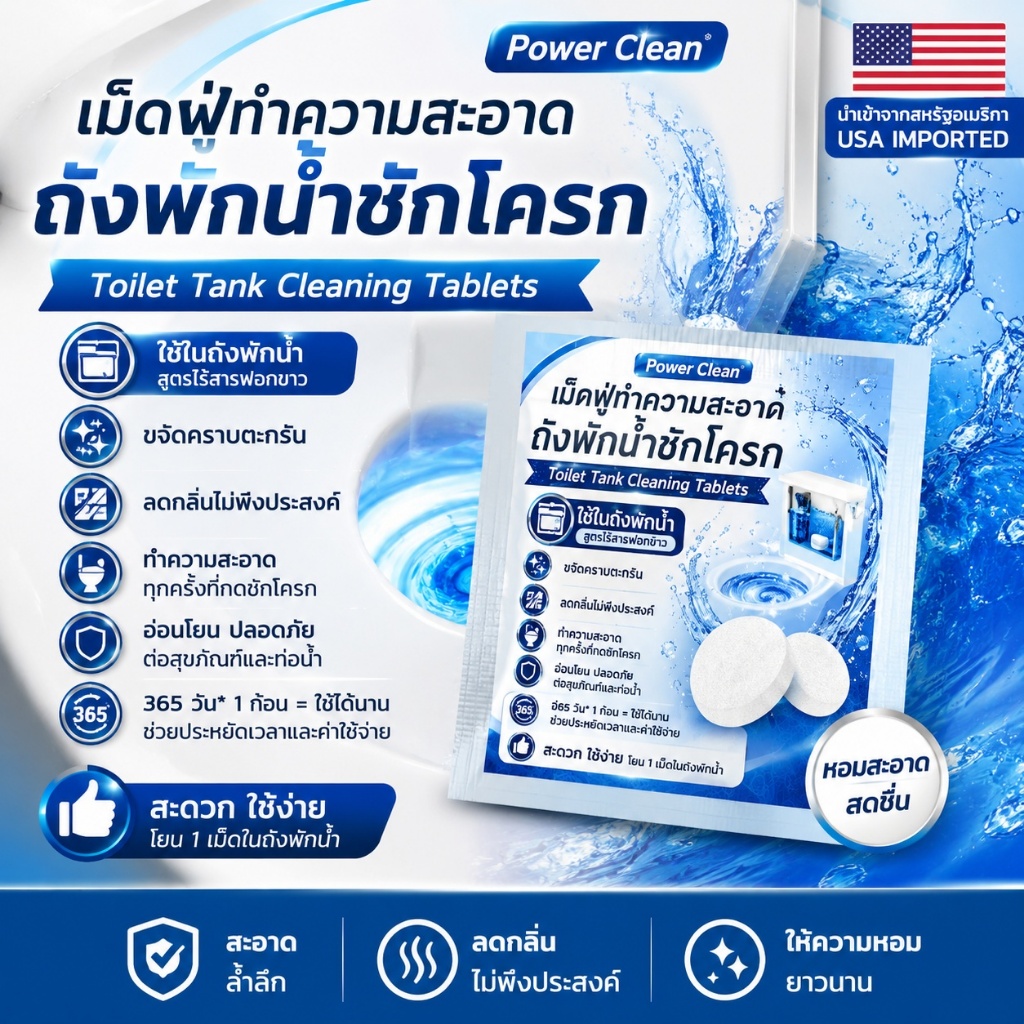 พร้อมส่งจากไทย เม็ดทำความสะอาดชักโครก สำหรับใส่ถังพักน้ำ ช่วยลดคราบสกปรก ลดกลิ่นไม่พึงประสงค์ 1 เม็ดใช้ได้นาน 30 วัน