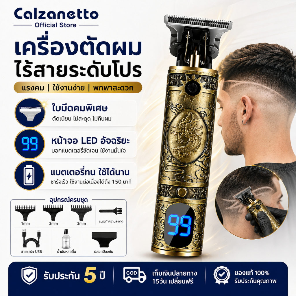【เปลี่ยนลุคได้ใน 3 นาที】 ปัตตาเลี่ยนตัดผมไฟฟ้า ตัดหนาแค่ไหนก็เอาอยู่ ใบมีดคมระดับโปร ไม่กินผม ไม่สะดุด ปัตตาเลี่ยน