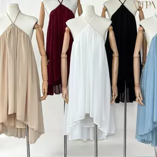 Atipashop - Ariel Mini Dress | เดรสชีฟอง ทรงฮอลเตอร์ ดีไซน์คอไขว้ ผ้าพลิ้ว หลายเลเยอร์