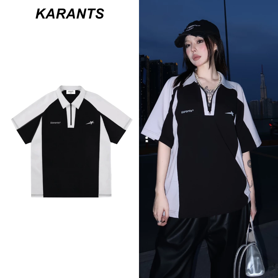 Karants Polo Oversize เสื้อแจ็คเก็ตผ้าฝ้ายปิเก้เรียบ มีซิป สำหรับผู้ชายและผู้หญิง Unisex - KR52