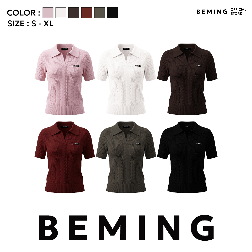 Bemingtop1220(S-XL)-BEMING Cable Knit Polo - เสื้อไหมพรมโปโลลายถักดีไซน์คลาสสิก