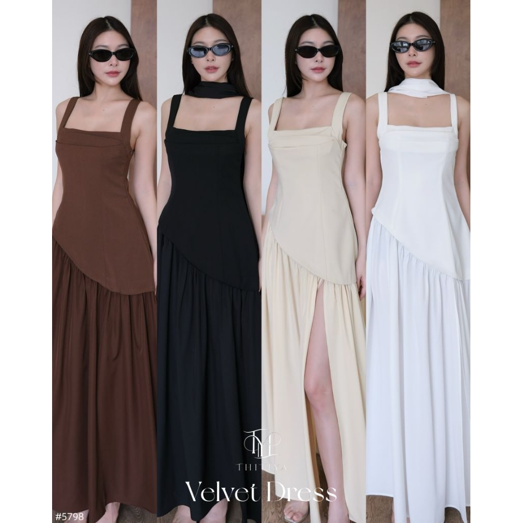 Velvet Dress #5798   เดรสยาวดีไซน์เรียบหรู อกจีบเพิ่มเลเยอร์ สายปรับได้ มาพร้อมผ้าพันคอเข้าชุด thitiya