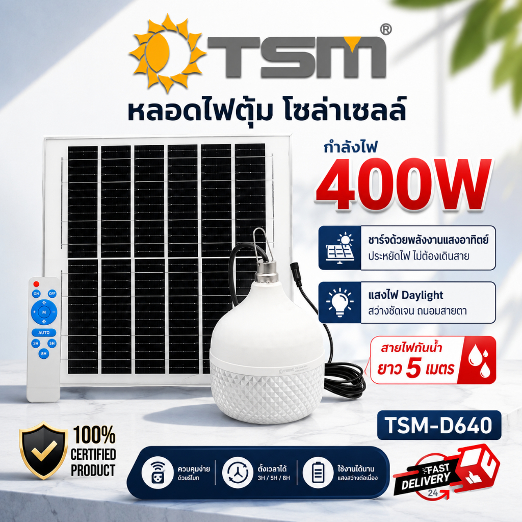 หลอดไฟตุ้มไดมอนด์ โซล่าเซลล์ LED 400W รุ่น TSM-D640 แสงขาว 6500K พร้อมรีโมท พกพาได้ กันน้ำ ประหยัดไฟ