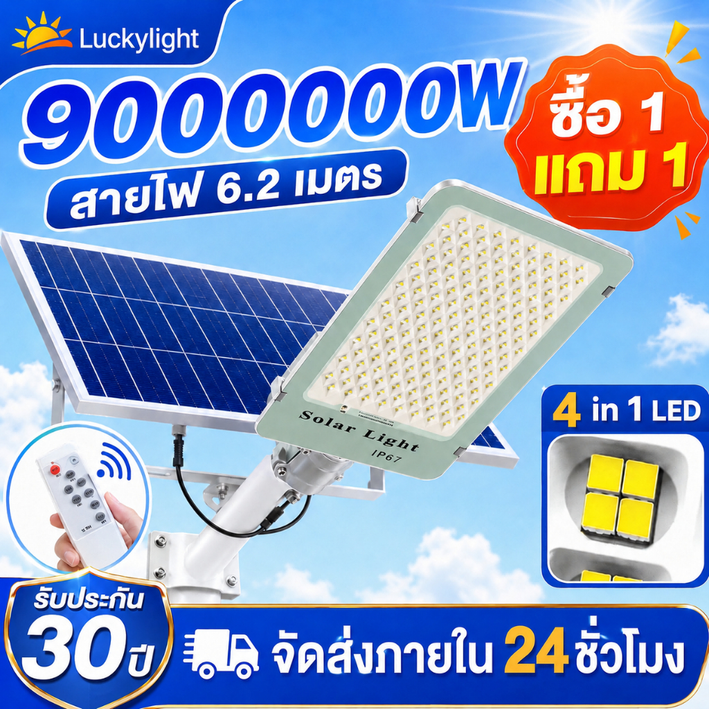 【ทดลองใช้ฟรี 30 วัน】ไฟโซล่าเซลล์ ไฟถนนโซล่าเซล 9000000W solar light ไฟเซ็นเซอร์ตรวจจับคน พร้อมรีโมท กันน้ำ
