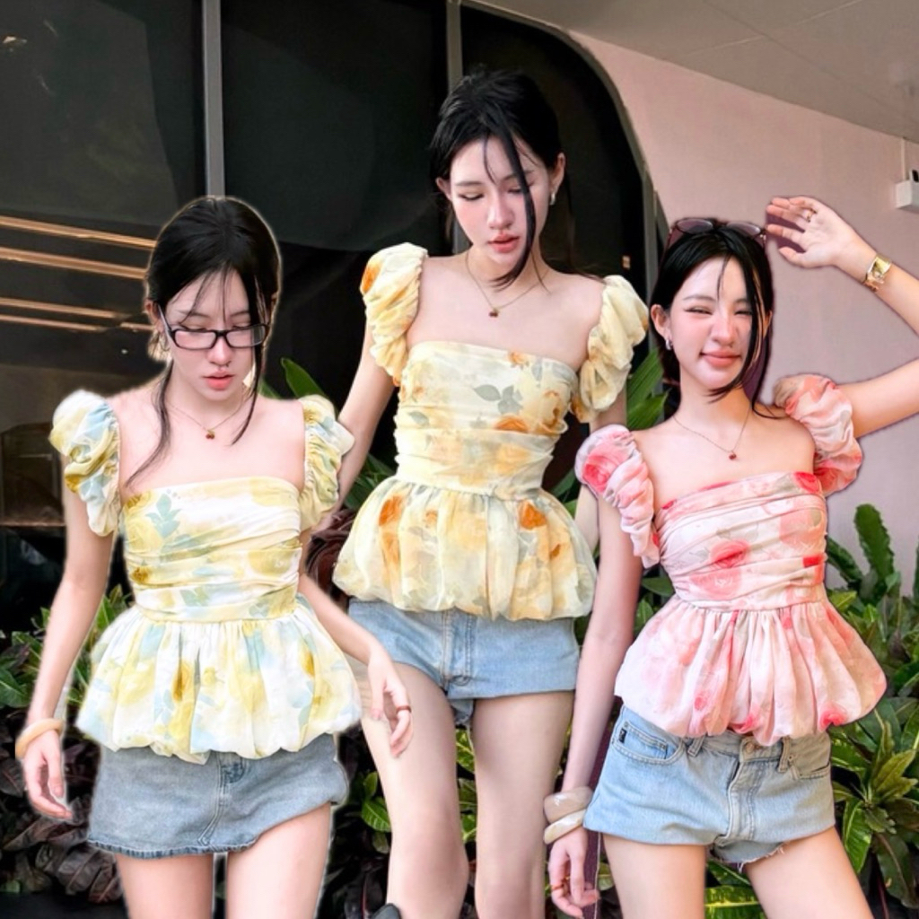 งานป้าย Suwimol🌼 เสื้อแขนตุ๊กตาพอง คอเหลี่ยม เอวระบายบอลลูน ลายดอก รุ่นบัวลอย