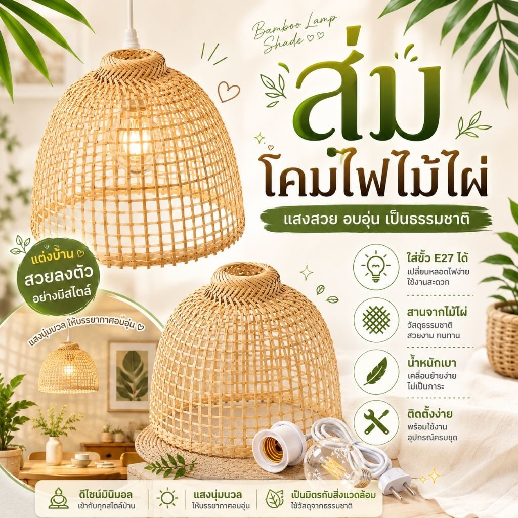 สุ่มโคมไฟสาน ใช้งานกับขั้วE27 เคลือบเงาแล้วทุกชิ้น (ออกบิลกำกับภาษีได้) โคมไฟแต่งบ้าน โคมไฟมินิมอล โคมไฟแขวน โคมไฟสาน
