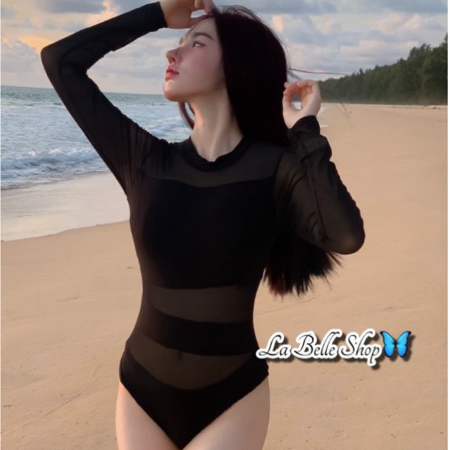 MNV STUDIO bodysuit แขนยาวชีทรู เรย่อนเกรดA แต่งผ้าซีทรู  มีกระดุมเป๊ก