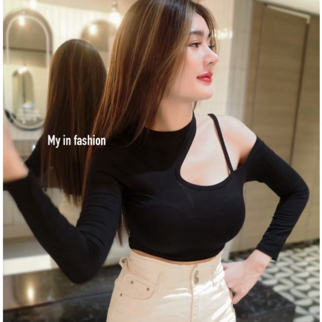 MNV STUDIO เสื้อครอปปาดไหล่ ‼️งานขายดี❤️งานตามหา‼️ผ้าเรย่อนทรงสวย‼️‼️
