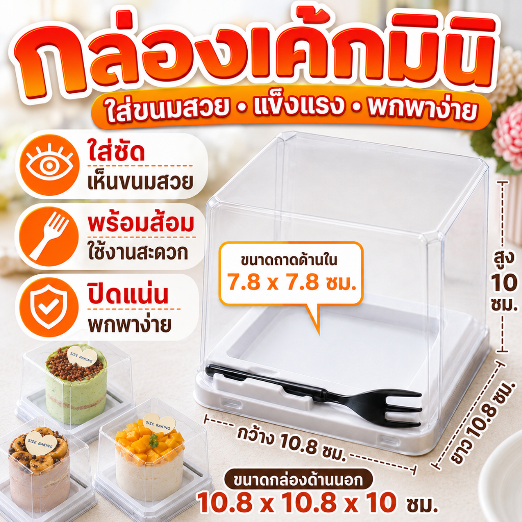 กล่องบรรจุภัณฑ์เค้ก ฝาใส ฐานขาว จำนวน 50/100ชุด กล่องขนม มูสเค้ก เหลี่ยม foodgrade