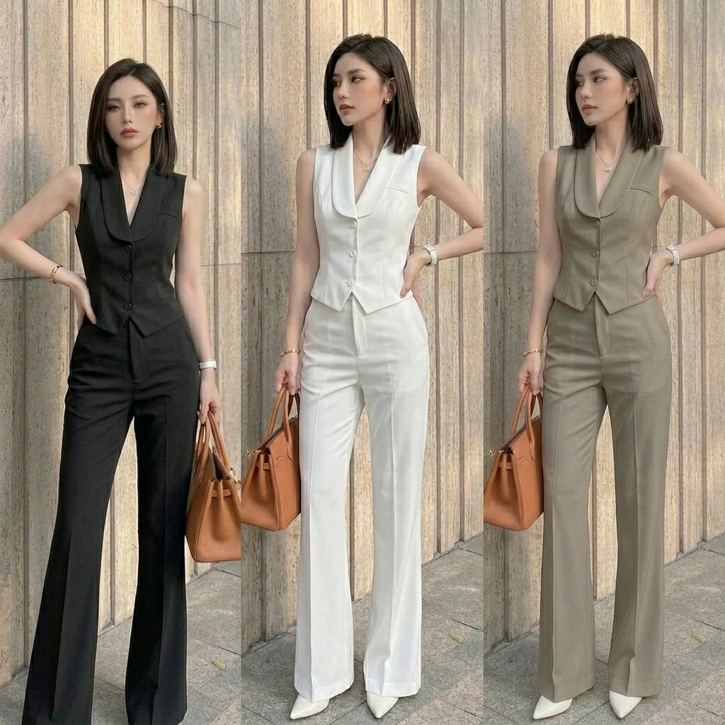 SS124 ชุดเซ็ตเสื้อกั๊กแขนกุด+กางเกงขายาว เรียบหรู สไตล์เกาหลี