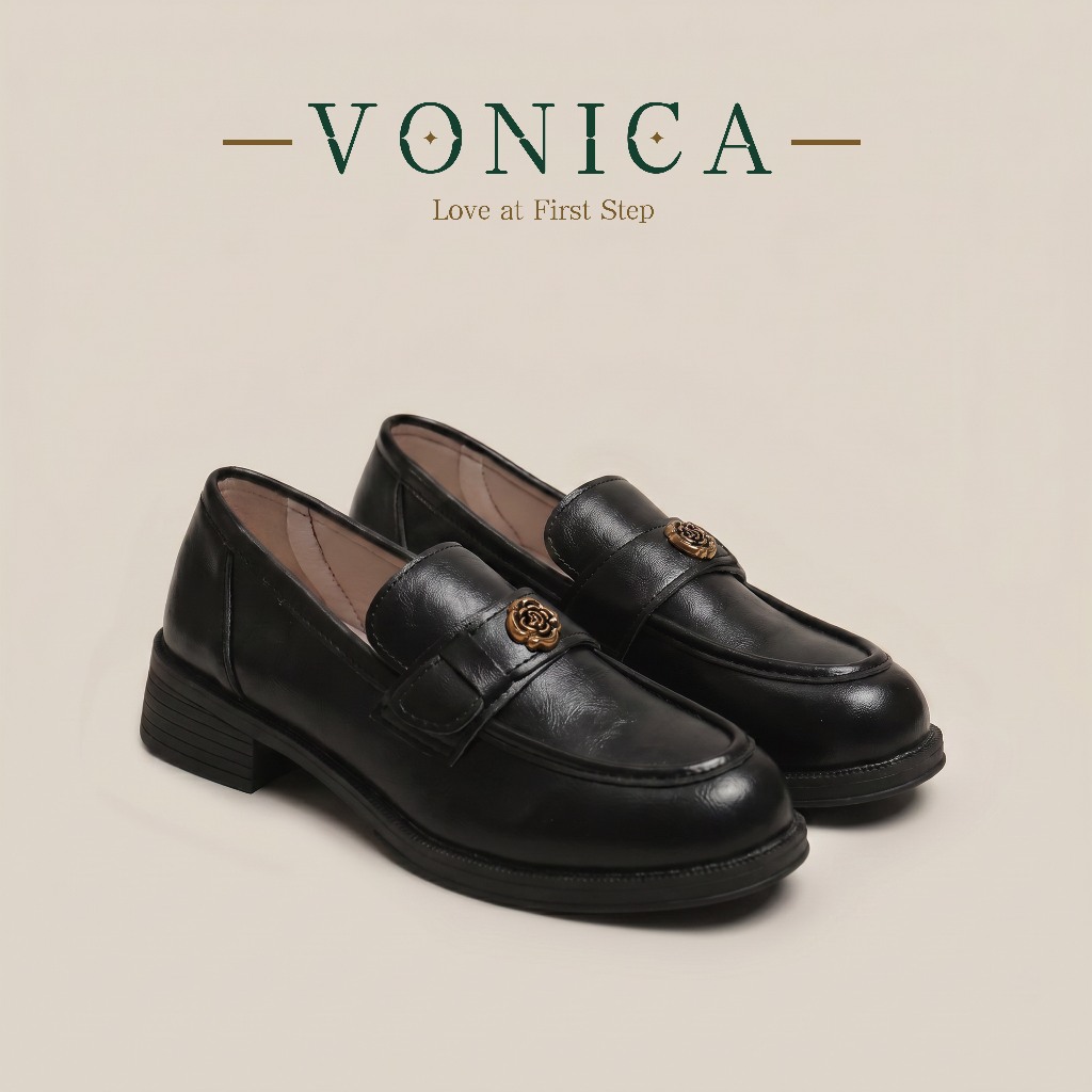 VONICA รองเท้าโลฟเฟอร์ผู้หญิงส้นแบน สไตล์เรโทรเรียบง่ายหัวกลม หนังนุ่มสวมใส่สบายใส่ประจำวัน