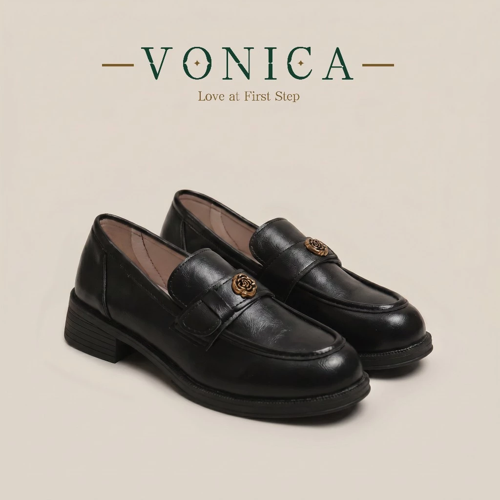 VONICA รองเท้าโลฟเฟอร์ผู้หญิงส้นแบน สไตล์เรโทรเรียบง่ายหัวกลม หนังนุ่มสวมใส่สบายใส่ประจำวัน