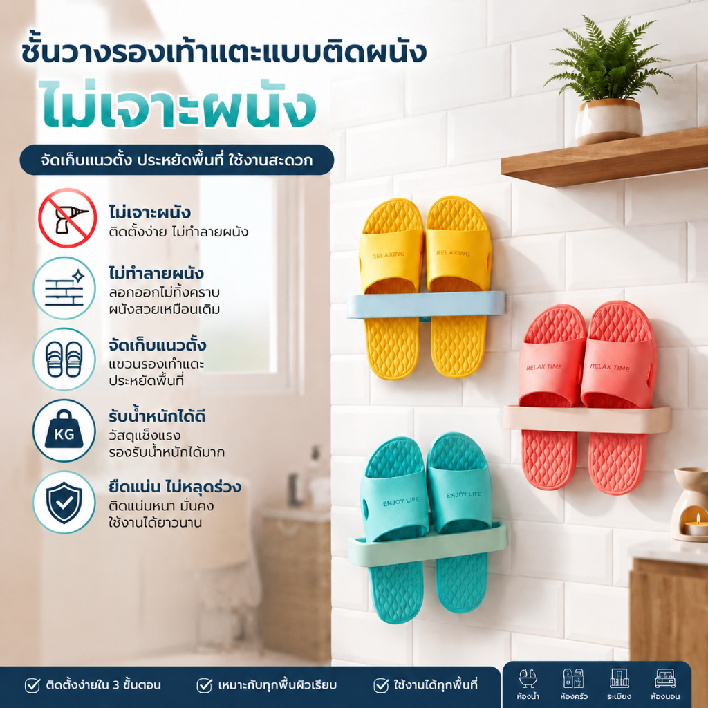 ที่วางรองเท้าประหยัดพื้นที่ + วัสดุพลาสติกเกรดพรีเมียม + ไม่ต้องเจาะ เก็บรองเท้าได้เป็นระเบียบ ใช้ในห้องน้ำ/ห้องนอน