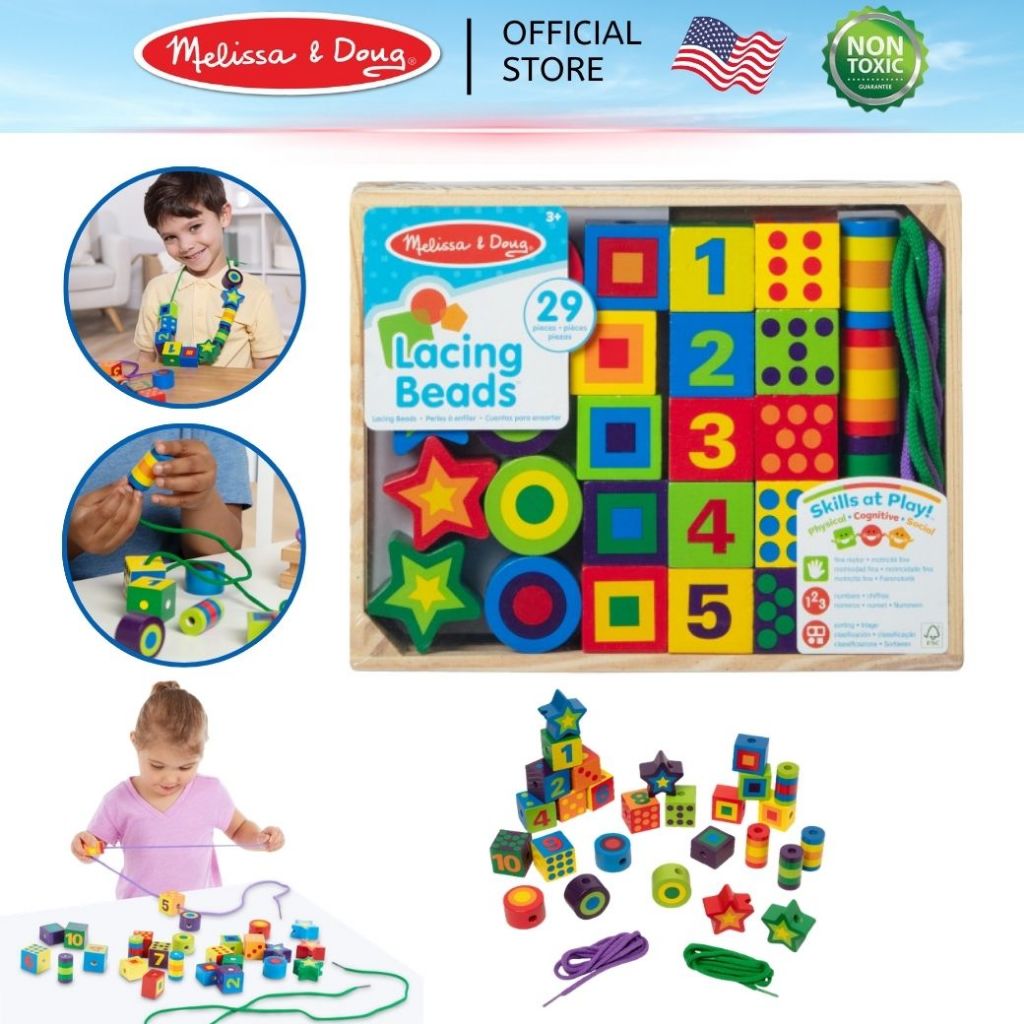 (ของแท้ USA) ลูกปัดไม้ร้อยเชือก รูปทรง สี ฝึกสมาธิ Lacing Beads in a Box Melissa & Doug กล้ามเนื้อมัดเล็ก 3775