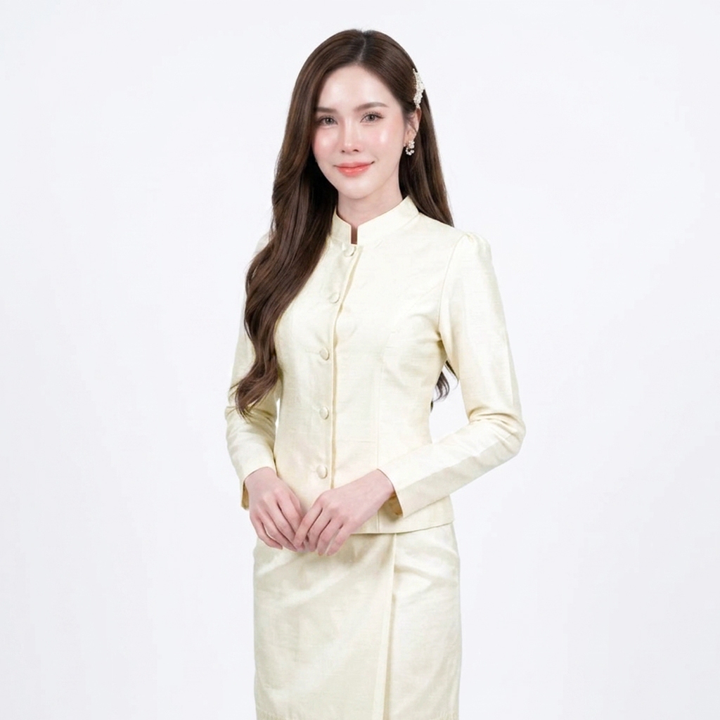 เสื้อจิตลดาไหมสี่เส้น สีขาวงา คอจีนแขนยาว เสื้อชุดไทยสุภาพ เสื้อไซส์ใหญ่ อก34-46นิ้ว [M7]